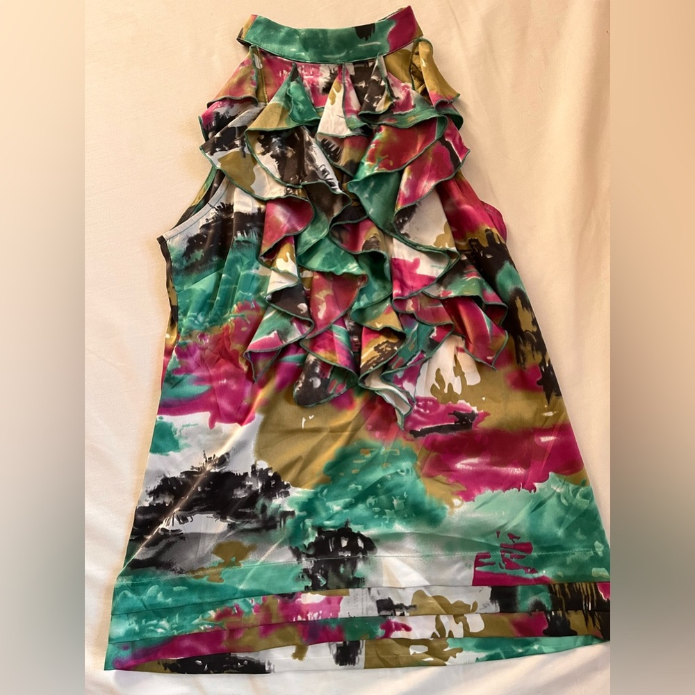 Arden B Pink and Green Ruffle Silk top